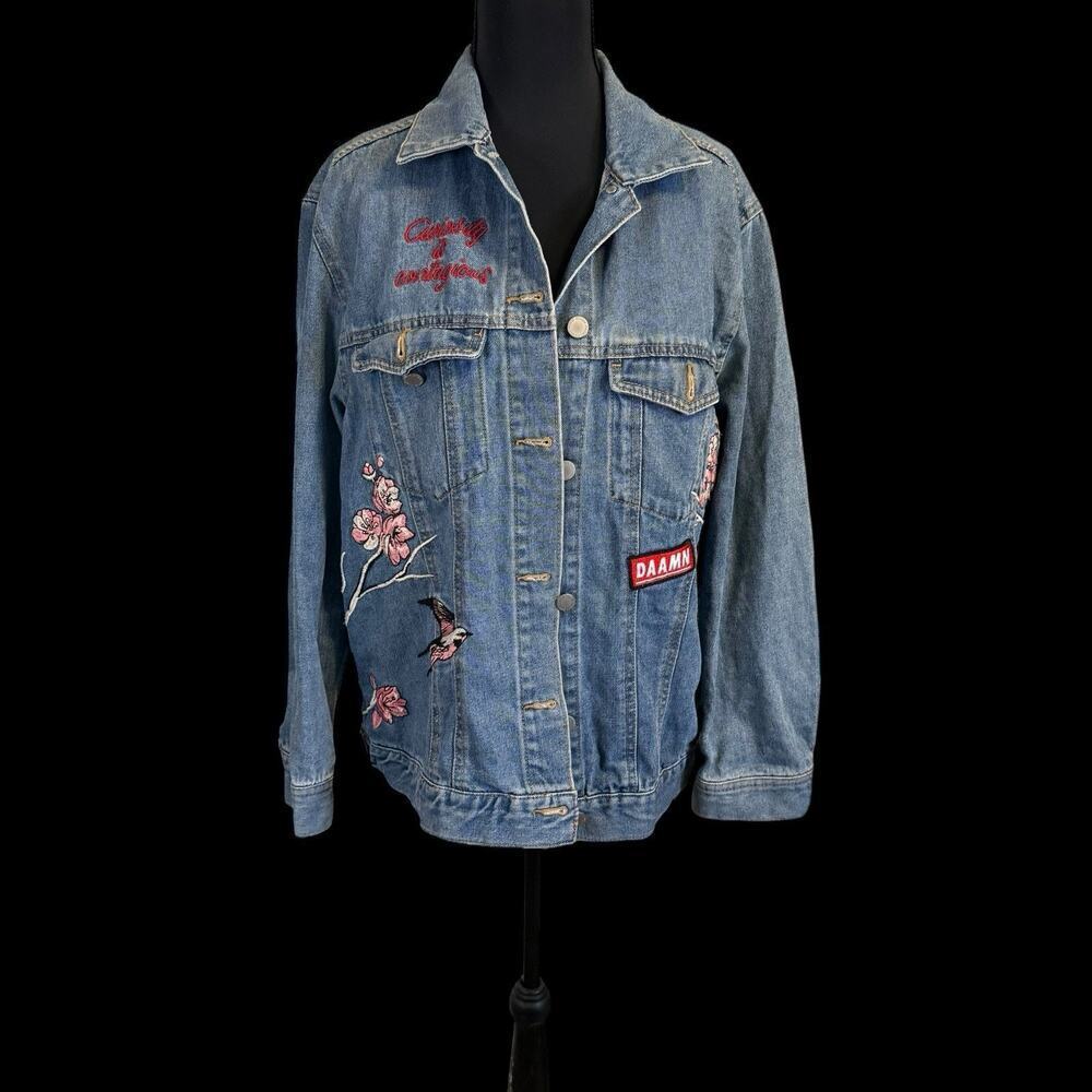 Divided Embroidered Jean Jacket With Cherry Blossoms And Sparrows Size 10